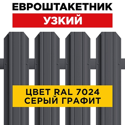 Штакетник (евроштакетник) Узкий 85мм RAL 7024 Серый графит для забора