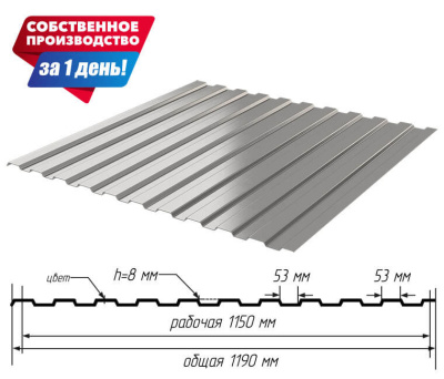 Профнастил С-8 Оцинкованный шириной 1,19 м. длиной 2,00 м т0,40 мм
