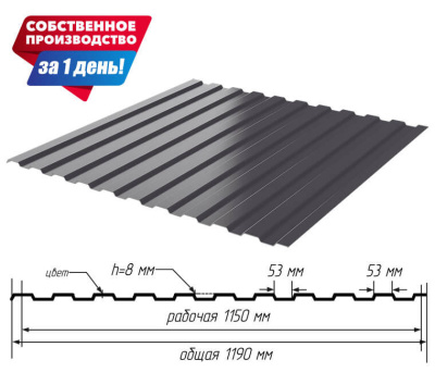 Профнастил (профлист) С-8 RAL7024 Серый Графит 0.40мм эконом ширина 1.19(1,15)м с размерами профиля