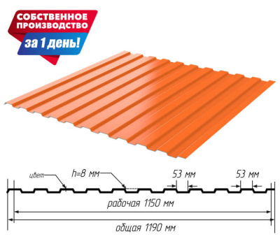 Профнастил (профлист) С-8 RAL2004 Оранжевый Апельсин ширина 1.19(1,15)м толщина 0.45мм с размерами профиля